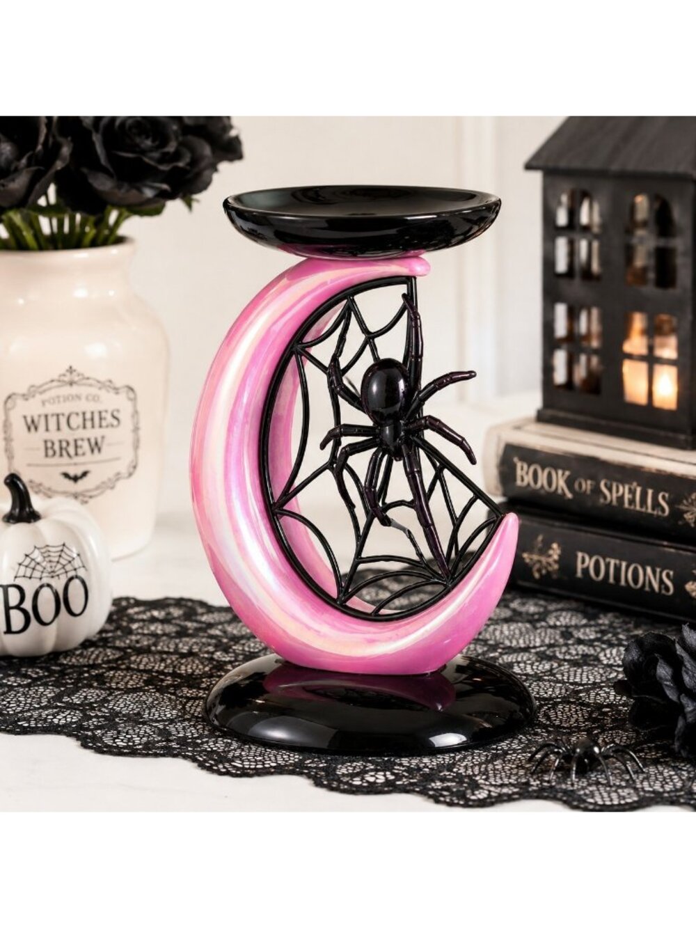 Bath Body Works Halloween Spider Moon Pedestal 3 Wick Candle Holder NIB